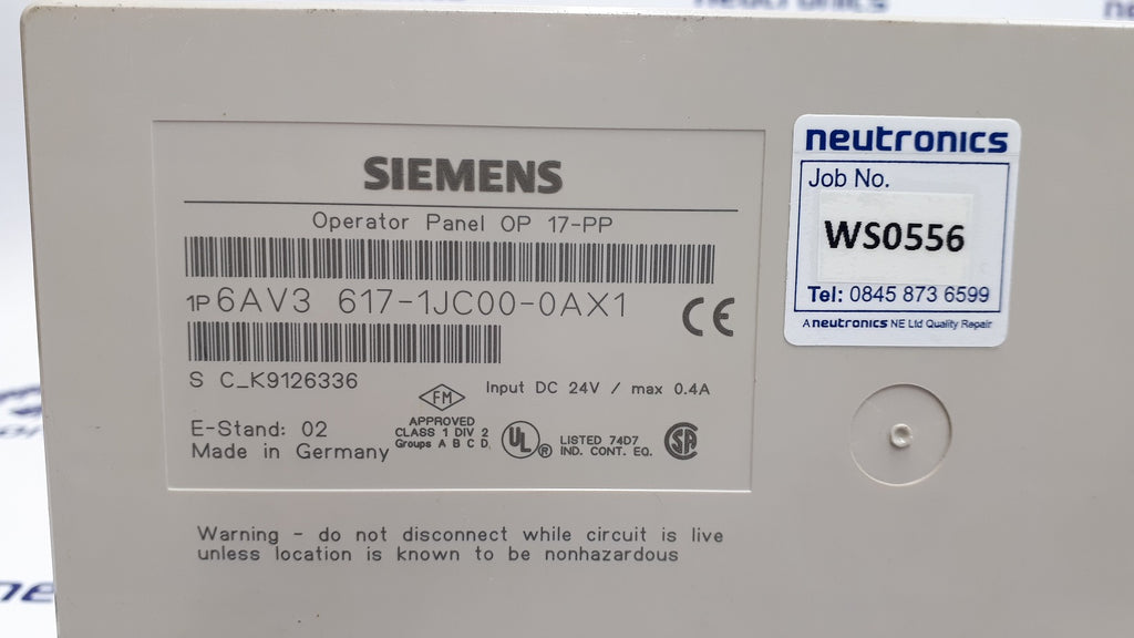 Siemens 6AV3 617-1JC00-0AX1 Simatic OP17-PP HMI Operator Panel