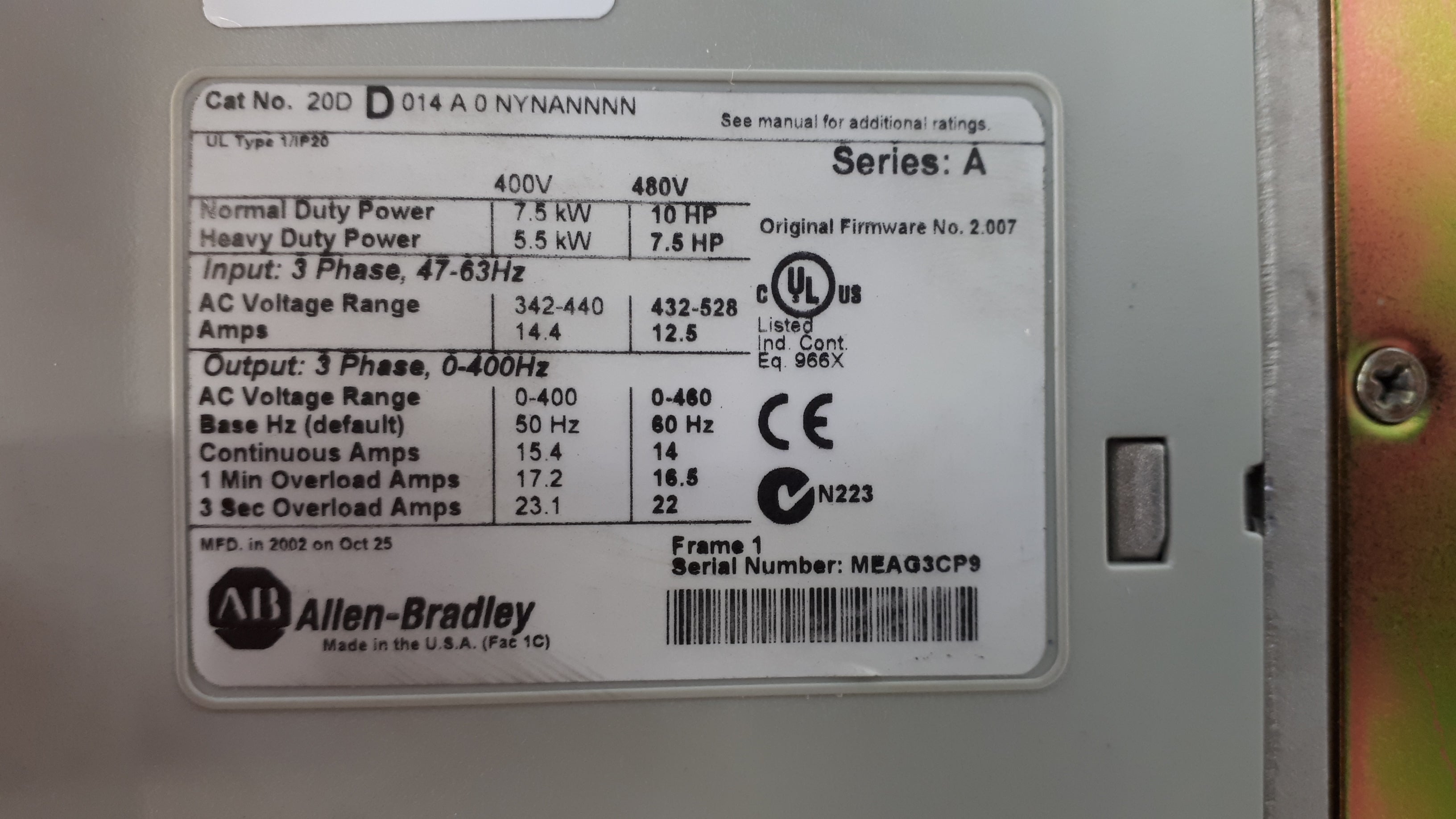 Allen-Bradley 20DD014A0NYNANNNN Powerflex 700S