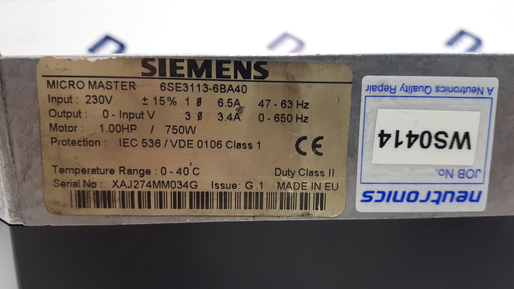 Siemens 6SE3113-6BA40 Micro Master MM75 Inverter 230V AC 1 Phase